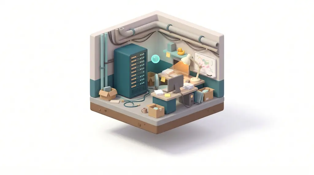 A small glowing orb with two eyes floating in a pastel basement lab next to a server rack and a desk