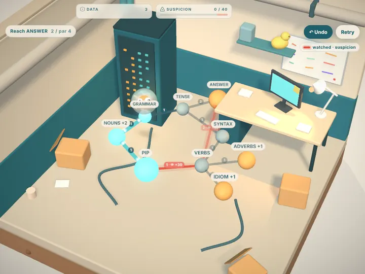 A puzzle board of glowing nodes and wires laid over a low-poly office floor